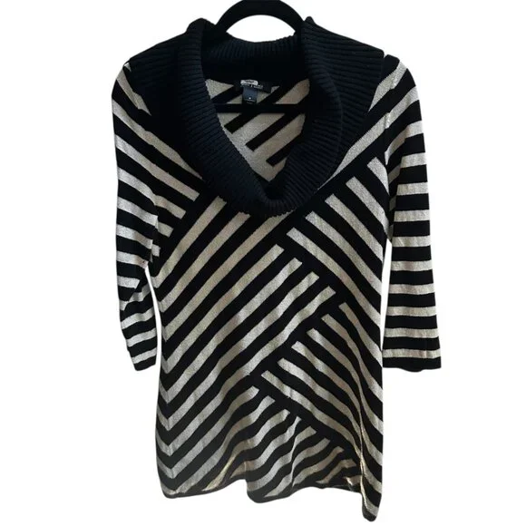 White House Black Market Women's Black White w/Gold Shimmer Cowl Sweater Sz M - Picture 1 of 7